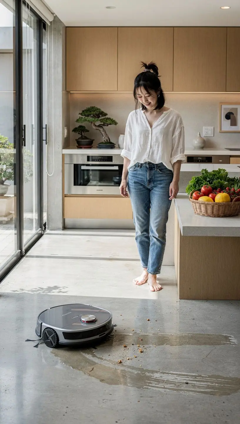 硬い床に付着した汚れをロボットクリーナーが効率的に拭き取る瞬間の写真